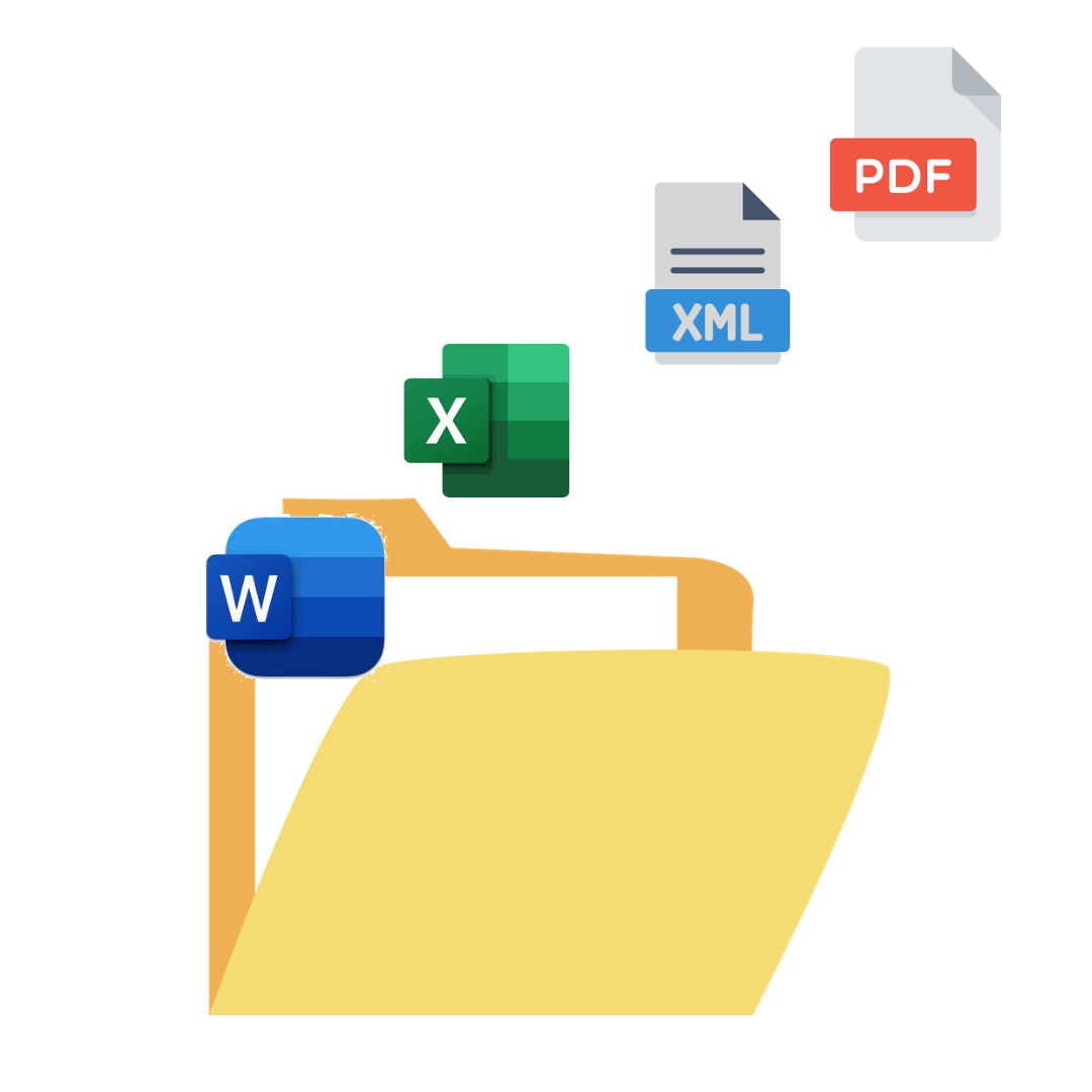 Ícones de arquivos do Word, Excel, XML e PDF sendo arquivados em pasta do Windows.